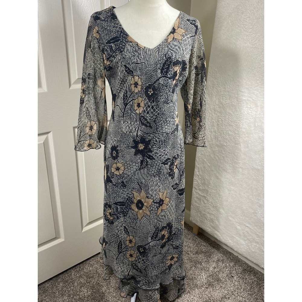 Jonathan Martin Studio Womens Sz 10 Floral Maxi‎ Dress Sheer Overlay Bell Sleeve